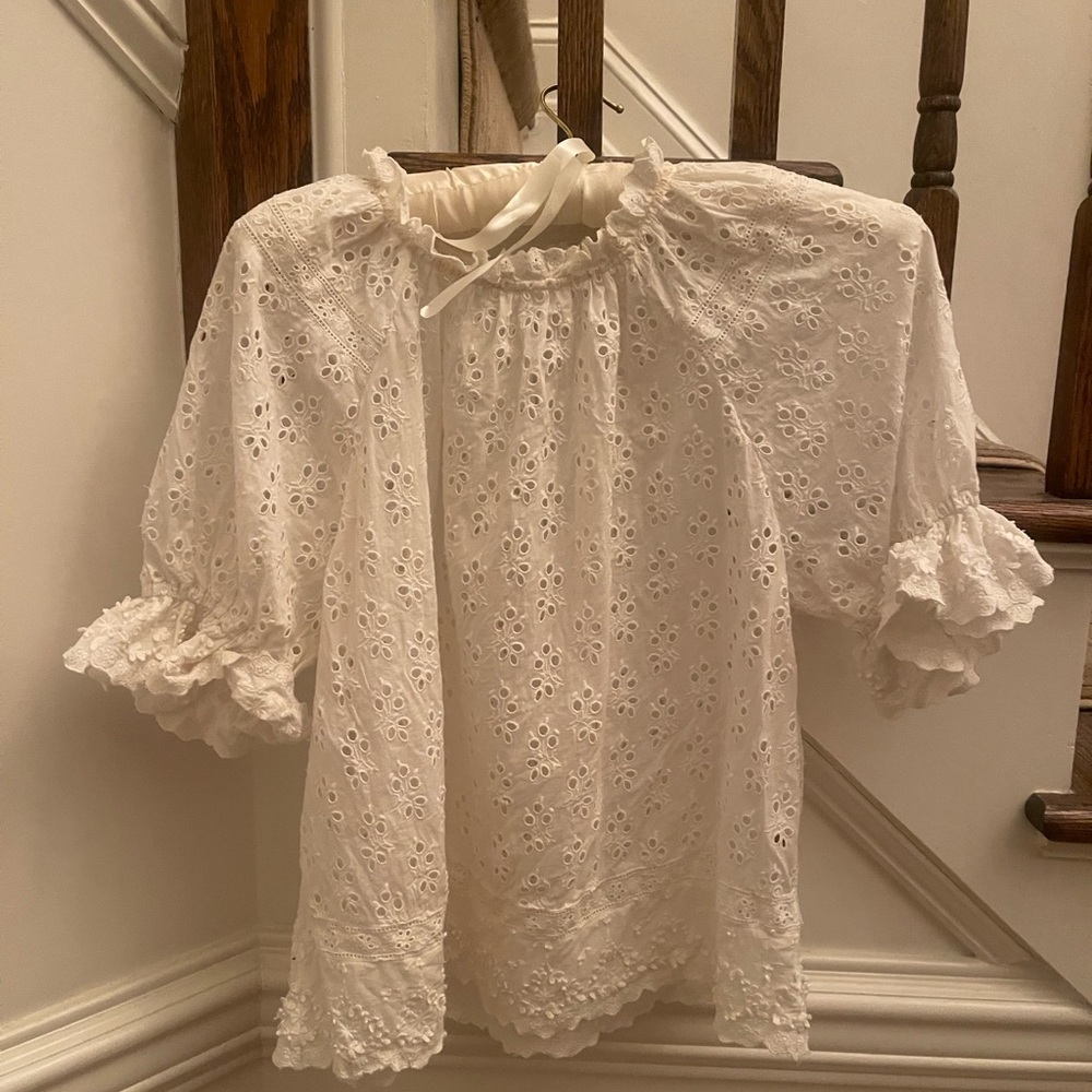 Ulla Johnson White Puff Sleeve Blouse with Bib Collar